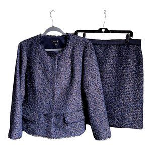 Ann Taylor Skirt Suit Blue tweed boucle with metallic thread jewel neck sz 14